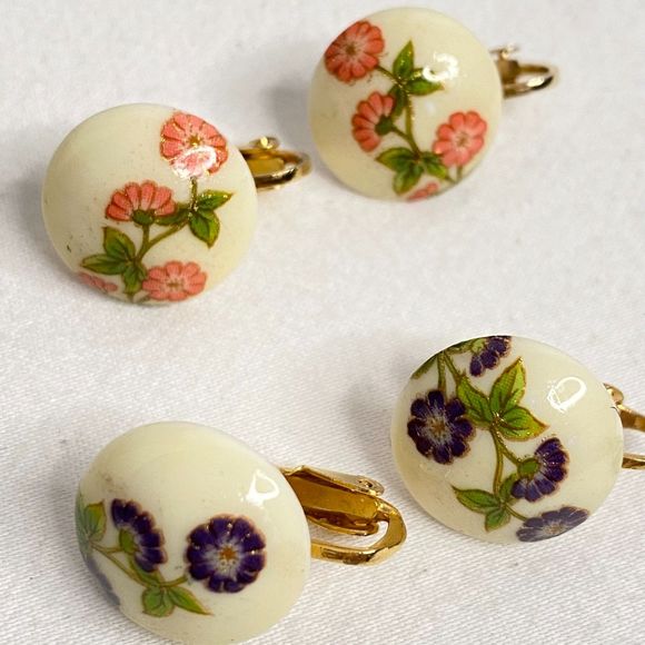 Floral Ceramic Earrings Pink Purple Painted Flowers On Stem Button Clip On Lot - Picture 3 of 8